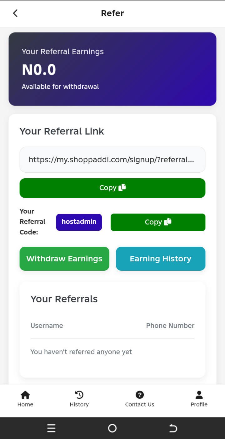 Refer and earn screen with referral link and withdrawable earnings
