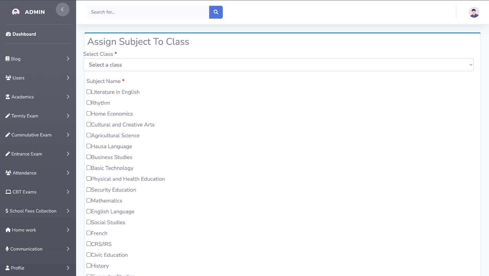 Assign subjects to a class screen