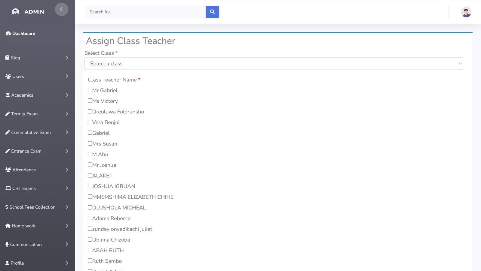 Assign class teacher screen