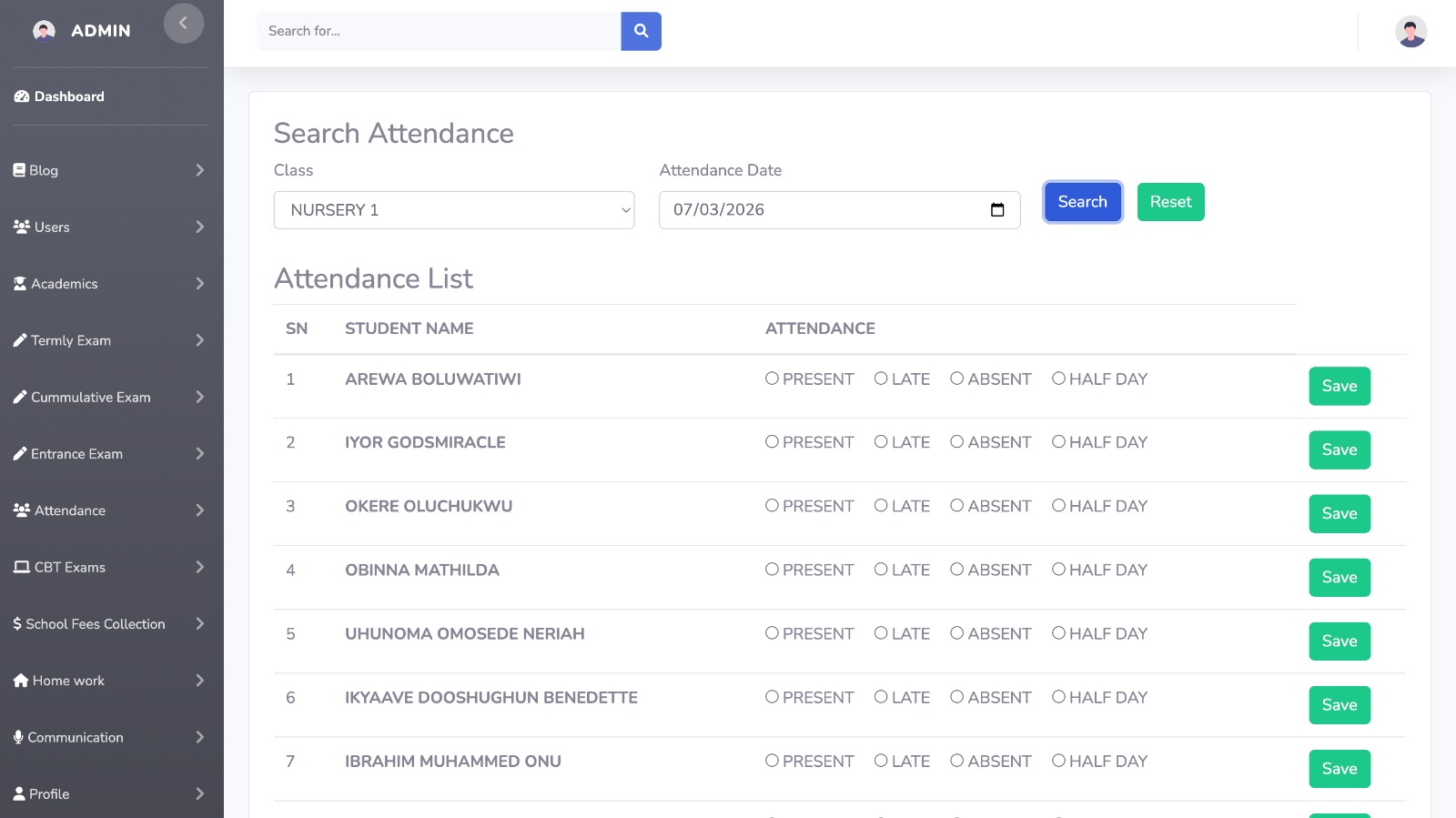 Attendance register with present, late, absent and half day options