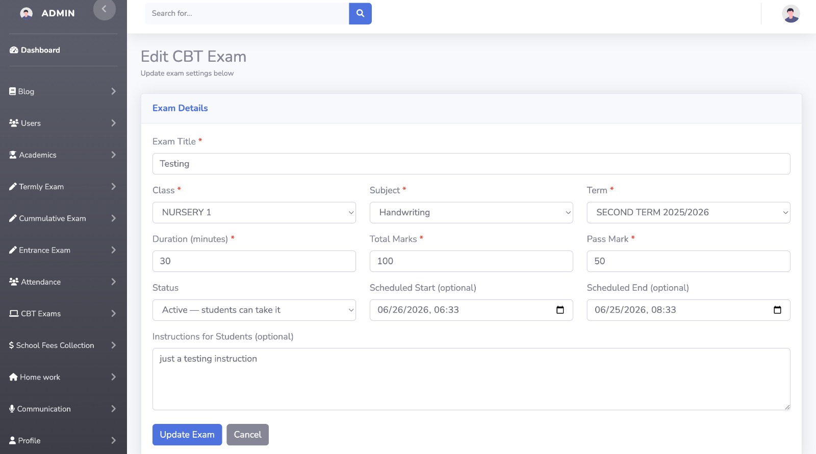 Create or edit a CBT exam