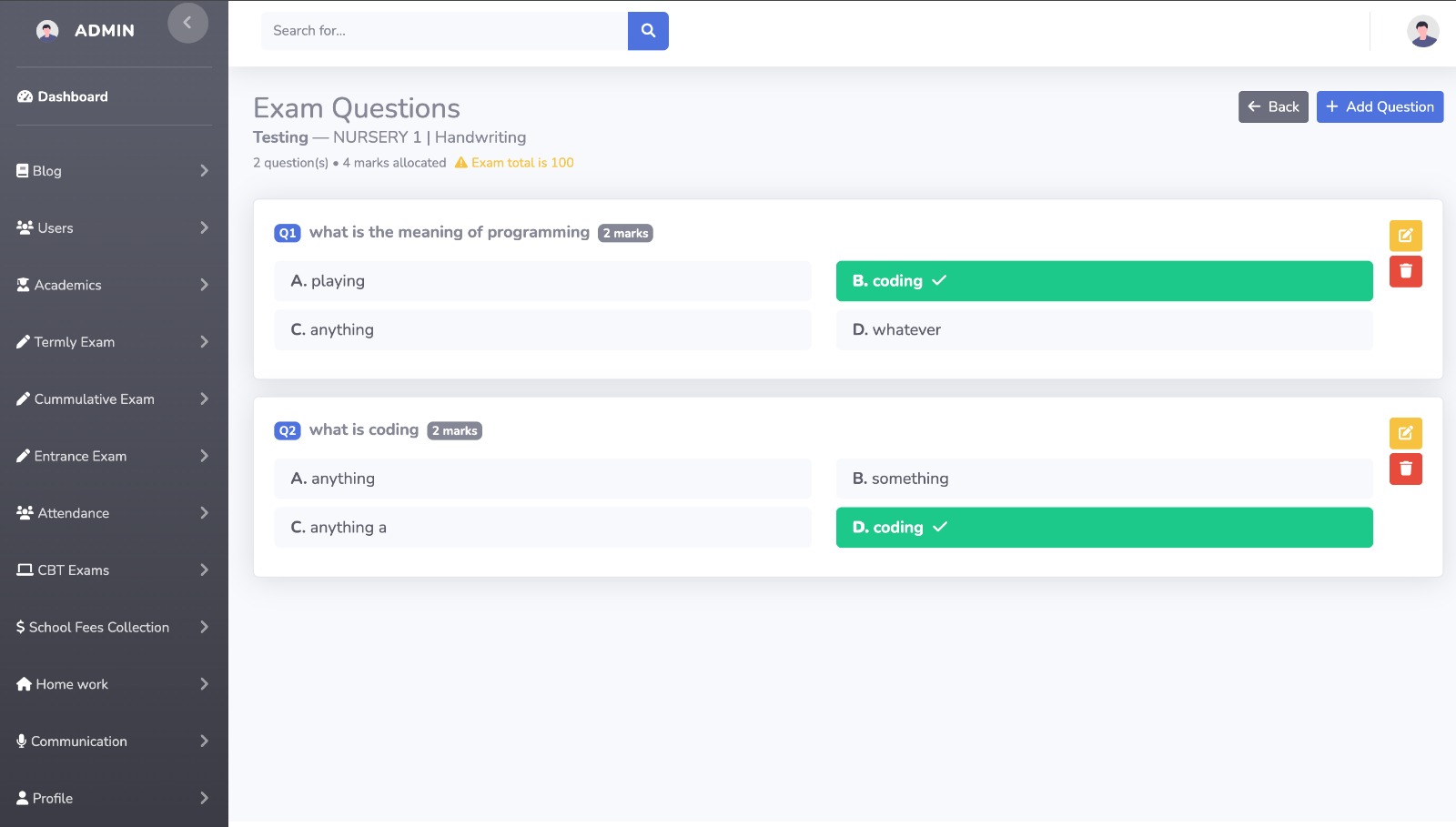 CBT exam question bank with multiple-choice options and correct answers