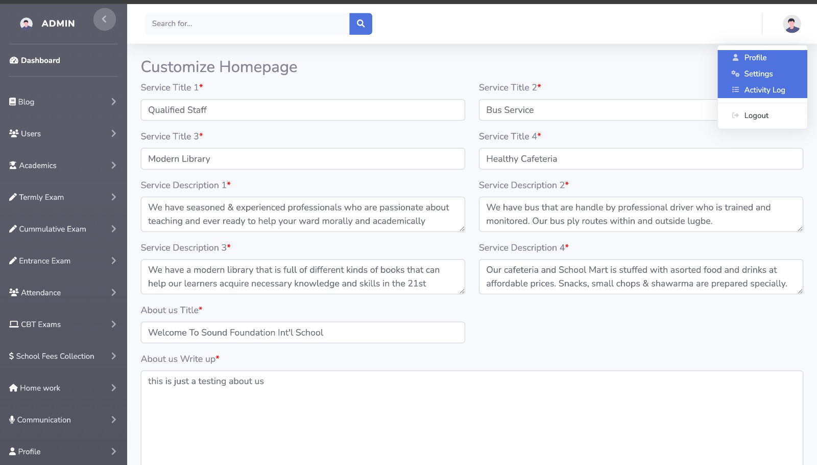 Customize school homepage content — services and about us