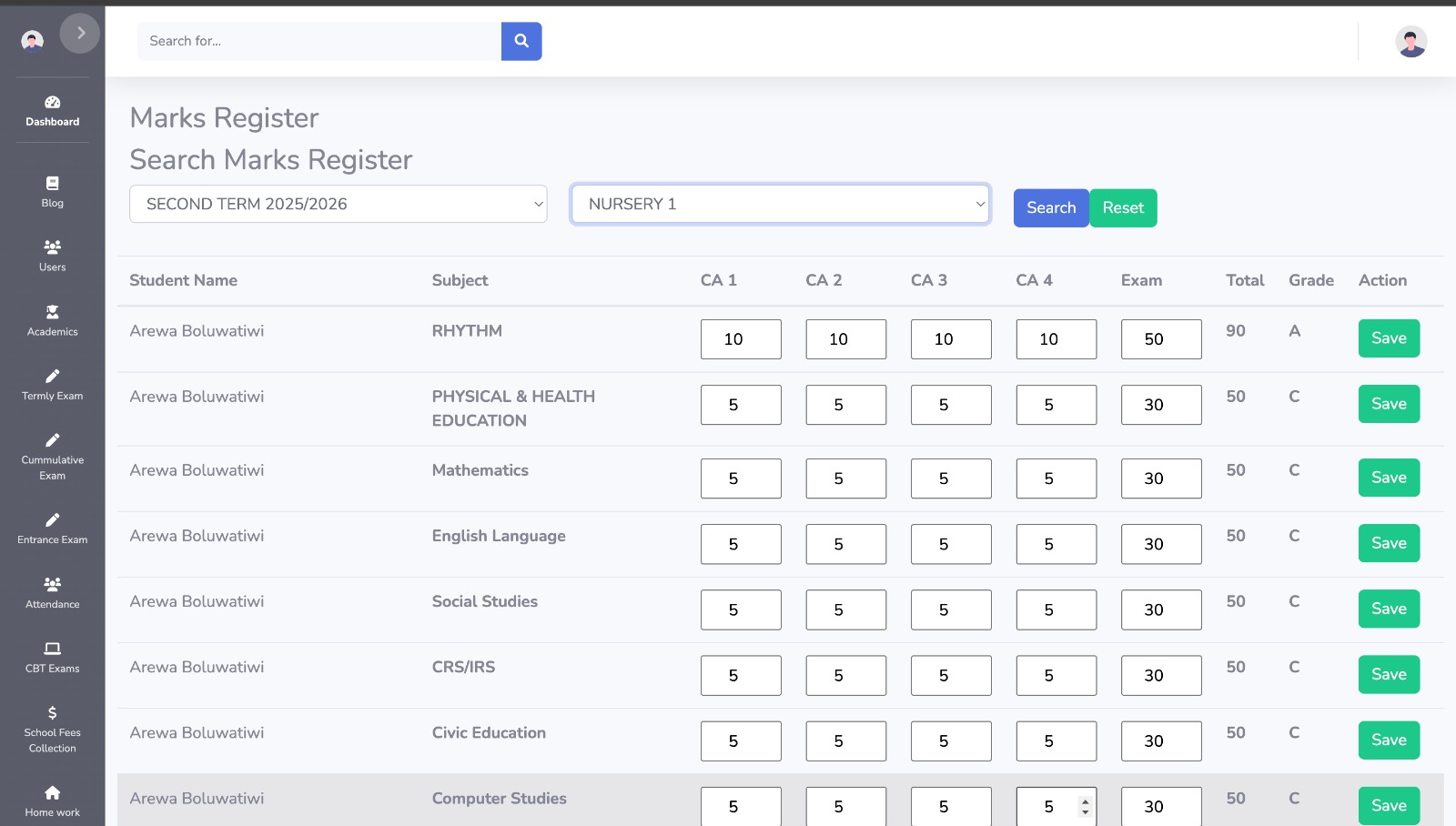 Marks register with CA 1-4, exam, total and grade columns