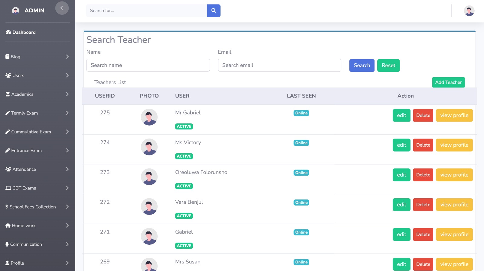 Teachers management list